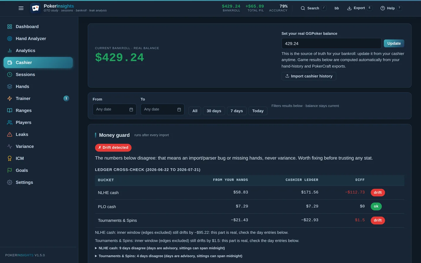 Cashier view with per-game-type results